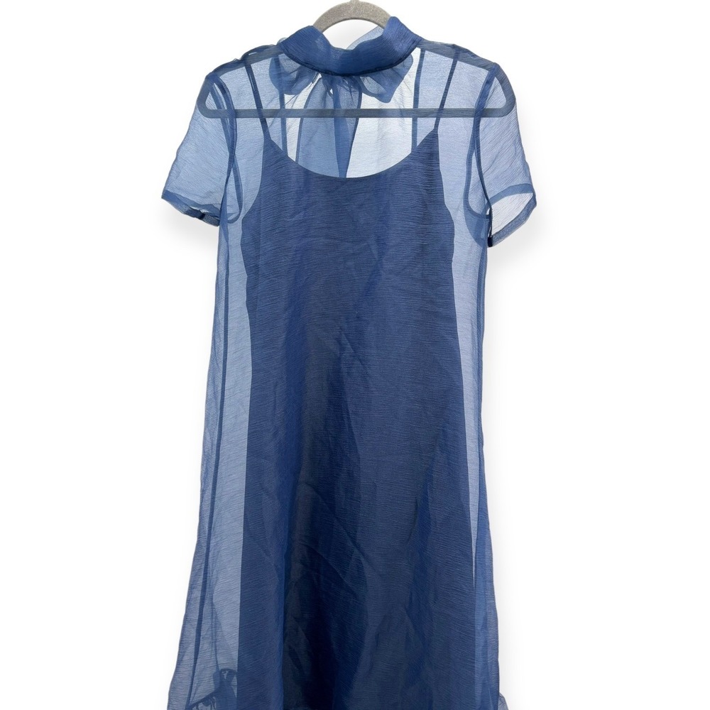 NWT CAARA Melody Tie Neck Organza Ruffle Hem Dress Navy Blue - Size Medium - Picture 5 of 14